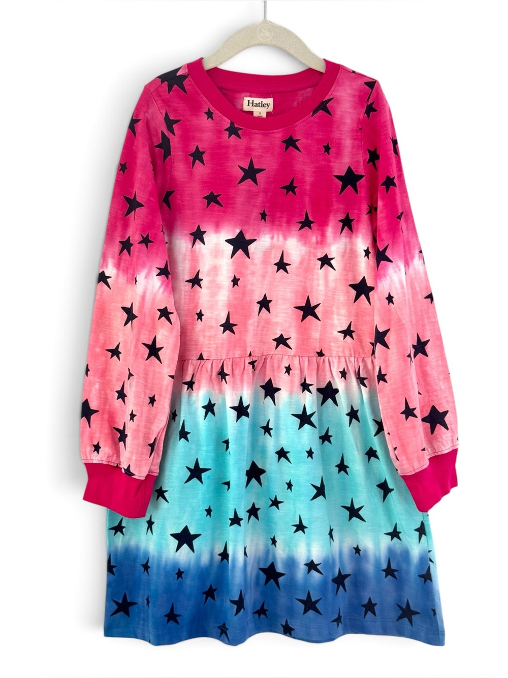Hatley Girls' Dress Pink Green Blue Tie-Dye Star Print Long Sleeve 8 NWT